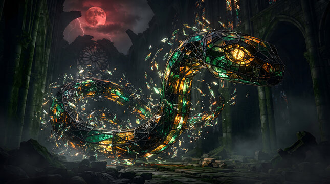 AI-generated premium Halloween fantasy: Basilisk of stained glass, emerald amber obsidian panels, golden eyes, crystal shards, ruined cathedral, blood moon, volumetric fog, photorealistic 4K