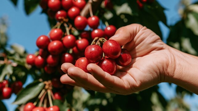Fresh ripe red cherries being picked by hand from cherry tree branch on sunny summer day in orchard