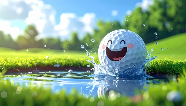 Cute cartoon golf ball character splashing into a water hazard on a sunny course