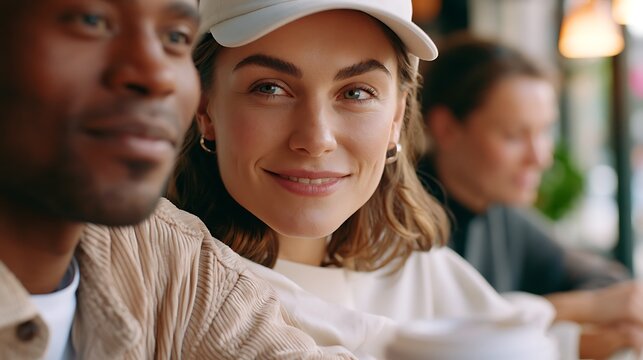 A woman with a gentle smile, wearing a white cap, looks towards the camera, seated next to a man. The background suggests a casual setting, possibly a cafe.