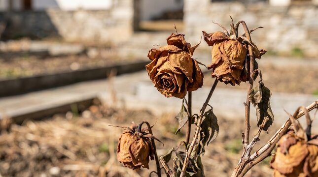 Dried and withered brown roses in a garden. Dead flowers drooping due to extreme heat and drought