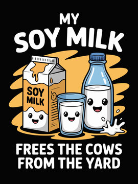 A playful design featuring cartoon versions of soy milk containers.