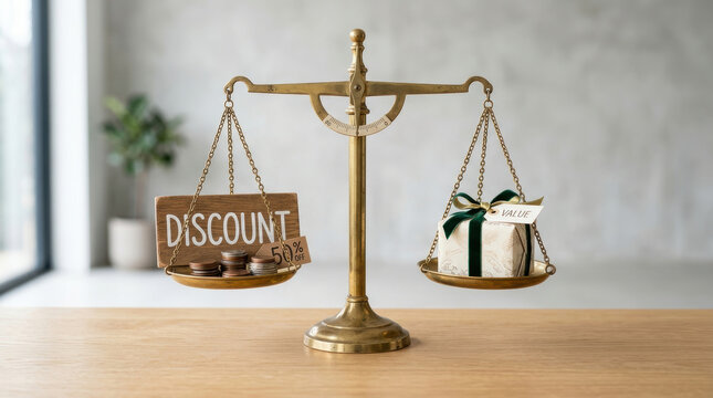 Discount value scale gift coins sale retail tech e commerce balance comparison money shopping price business concept finance wooden metal table