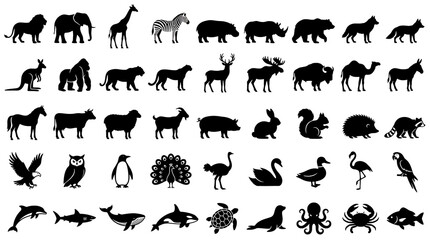 Obraz premium Minimalist black and white animal icons set featuring diverse wildlife silhouettes for branding and design