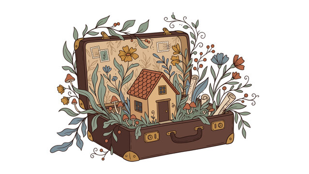 Fantasy cottage house inside an open vintage travel suitcase with floral garden