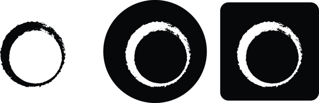 Three variations of a circular ring with a distressed, rough, hand-drawn brush stroke texture in black and white for