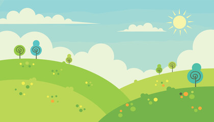 Fototapeta premium Peaceful cartoon nature landscape features green rolling hills under a sunny blue sky filled with fluffy clouds.
