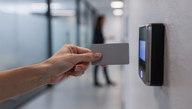 Medium shot of a hand holding a sleek access card near a reader with the person and surroundings softly out of focus to emphasize the digital access method.