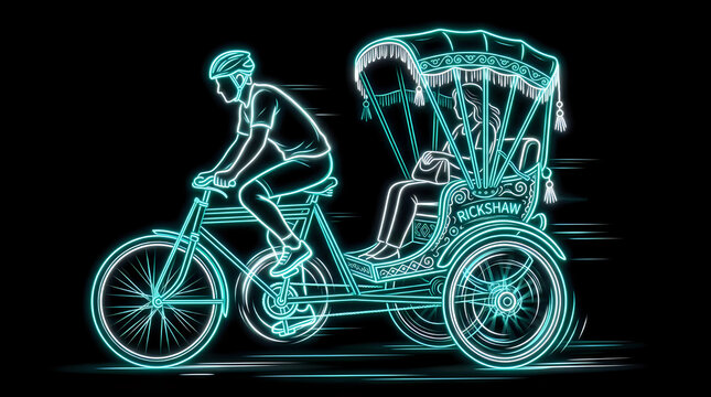 Cyan neon light outline of a bicycle rickshaw being pedaled by a driver with rickshaw
