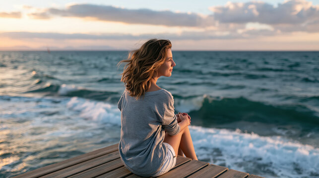 Young woman sitting on wooden pier looking at ocean waves during sunset with wind in her hair