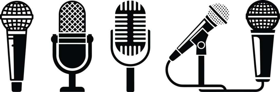 Microphone icon set featuring black modern and classic mic symbols isolated on white background for audio media and communication