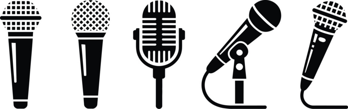 Microphone icon set featuring black modern and classic mic symbols isolated on white background for audio media and communication