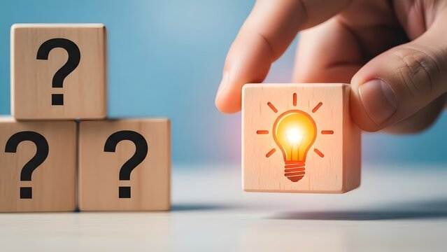 Hand holding cube with light bulb icon solving problem and finding solution among question marks.