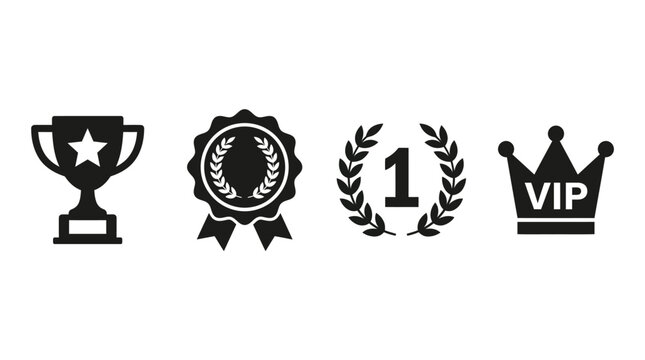 Black trophy cup badge wreath with number one and crown vip symbols depicted as flat vector icons isolated against clean white background for digital graphic designs