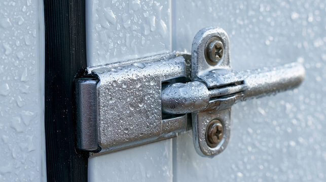 Extreme close up of a refrigerated container door with a silver locking bar on a white metal surface with fine condensation droplets and rubber seal in soft bright light cold