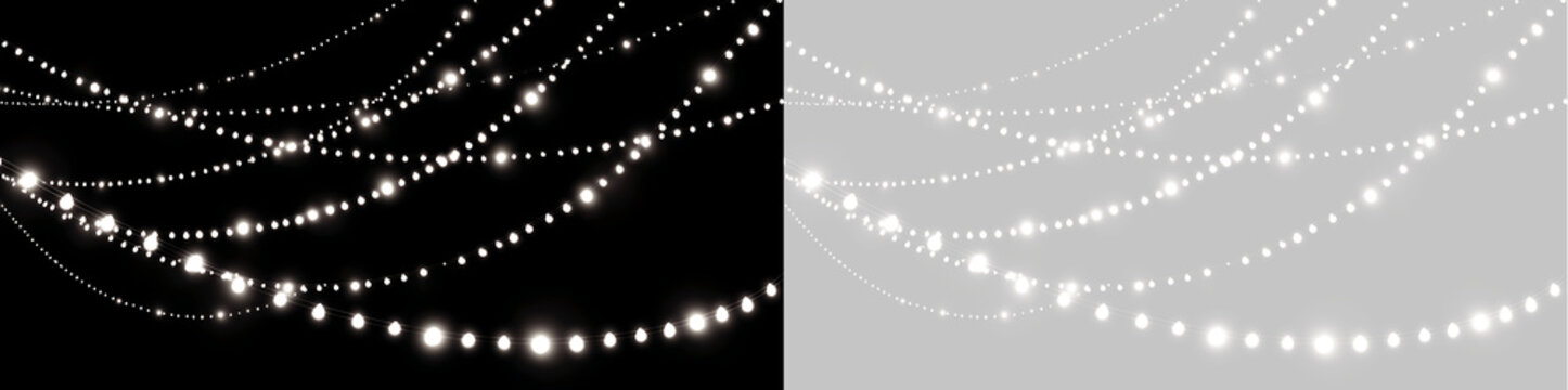 Glowing Christmas string lights isolated on black and transparent background. Bright glowing garland bulbs overlay for holiday party decoration