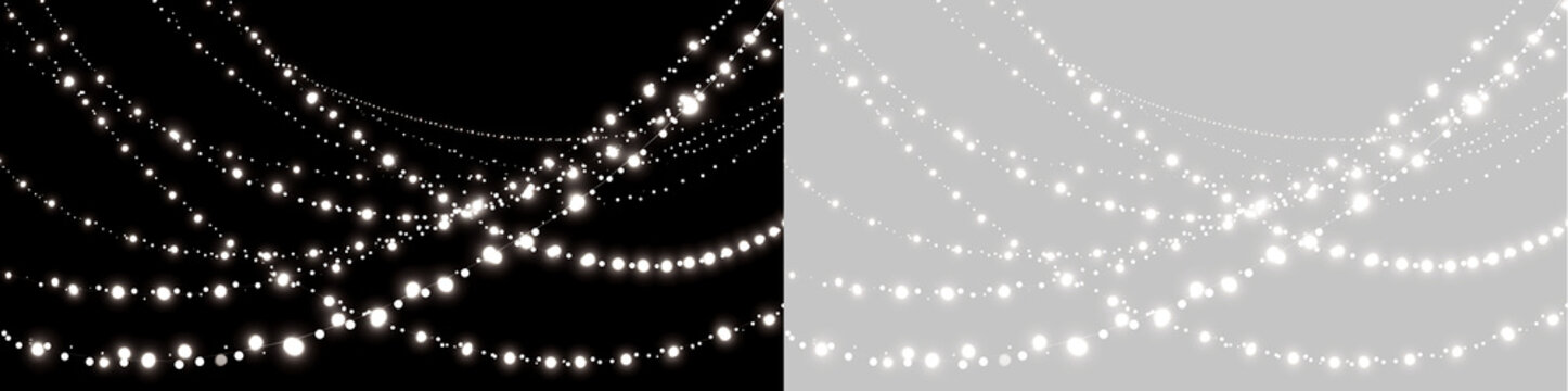 Glowing white christmas garland lights overlay on black and transparent background. Hanging fairy string lights for festive holiday backdrop