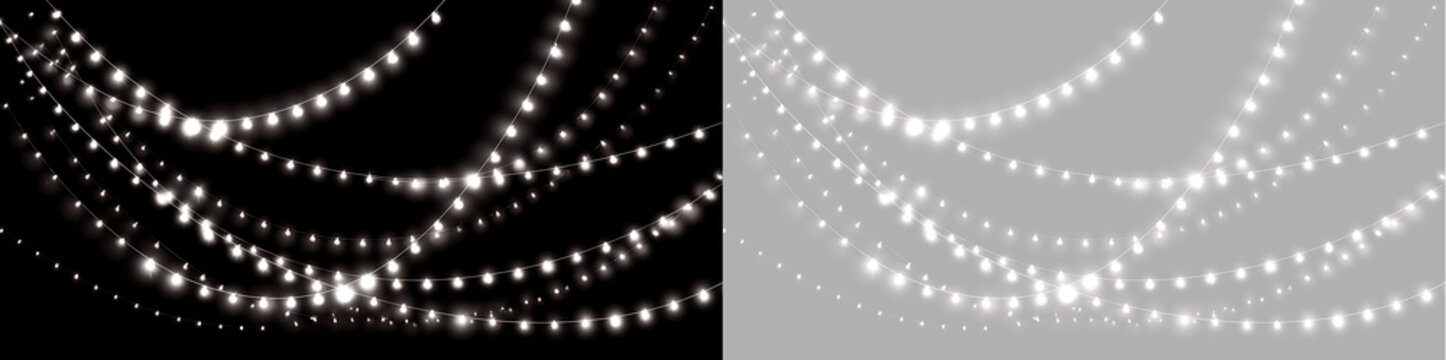 White glowing string lights draped garland overlay. Hanging Christmas fairy light strands on transparent background