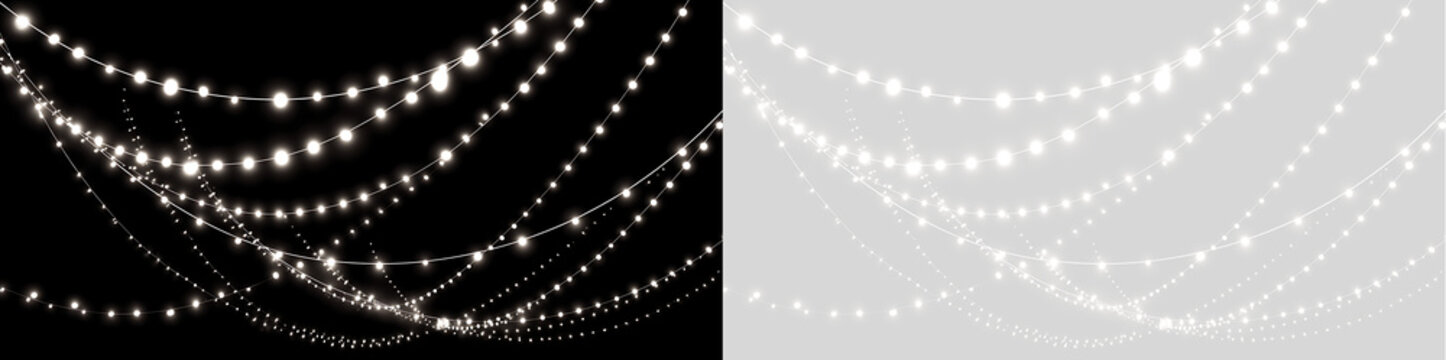 Glowing fairy light strings draped overlay on transparent background. White Christmas garland lights for holiday decoration