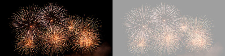Obraz premium Golden fireworks cluster background on transparent background. Pyrotechnic light burst overlay for holiday celebration banner