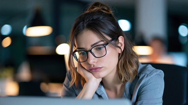 Tired young businesswoman working late at night in office looking exhausted at computer screen