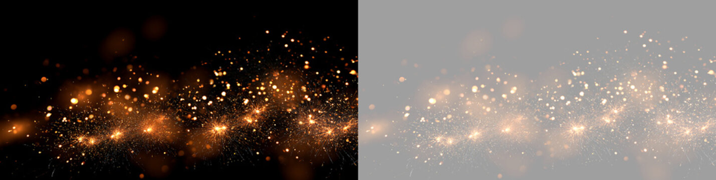 Golden sparkler light effect overlay with sparkling bokeh. Festive fireworks particle border isolated on transparent background