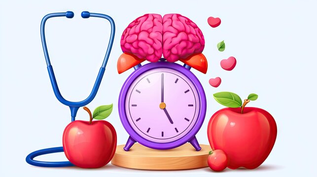Colorful illustration of brain, clock, stethoscope, and apples representing health, wellness, and time management concept
