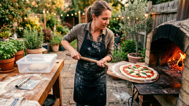 Home cook launching sourdough pizza with wooden peel onto a preheated pizza steel in a backyard oven area