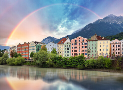 View of colourful buildings in the austrian town Innsbruck at sunset. Austria - Tyrol