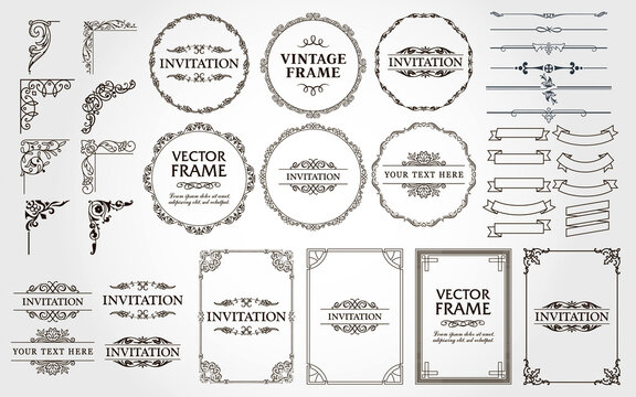 Design elements set, decorative flourish border corner and frame collection for invitation, menu and page decoration
