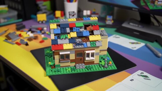 Colorful Lego house under construction on desk