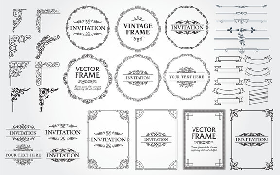 Design elements set, decorative flourish border corner and frame collection for invitation, menu and page decoration
