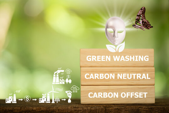 Carbon offset ,carbon neutral,green washing word on wood and icon concept for environmental in sustainable on nature background.