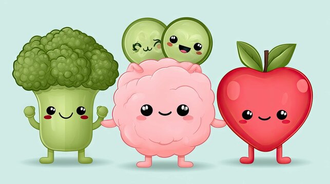 Cute cartoon characters of broccoli, cauliflower, and apple with cheerful expressions on a pastel background
