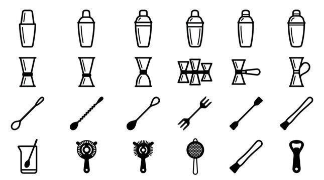 Bartender and bartending tools line icons set, barware equipment collection with cocktail shaker jigger bar spoon strainer opener black line art design