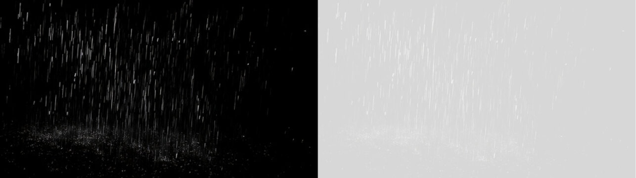 Heavy rain falling on a dark surface. Weather overlay with transparent background. Rainstorm effect for video editing