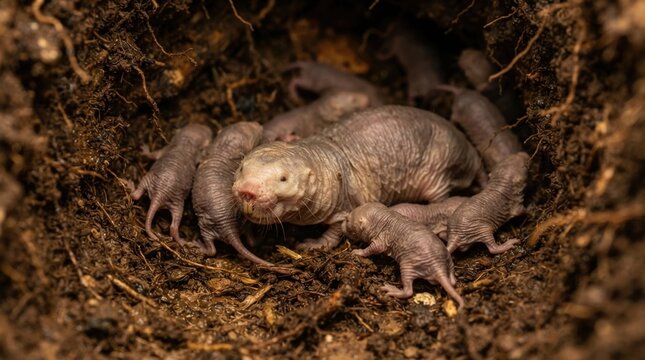 Queen naked mole-rat resting in an underground burrow chamber with workers, soil, and root fragments.