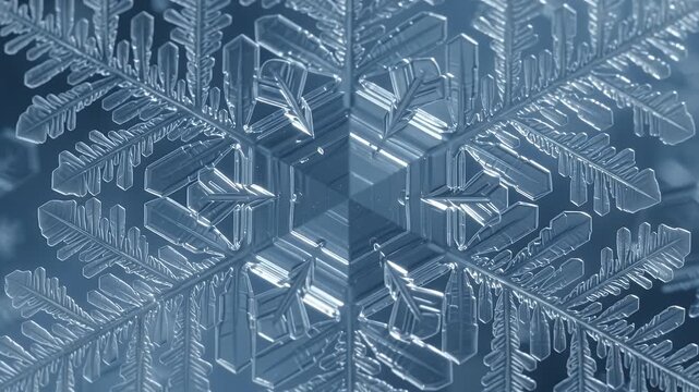 Extreme Close-up Macro of a Single Intricate Hexagonal Snowflake Crystal Falling in Soft Blue Background with Bokeh
