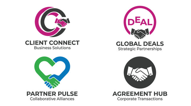 Professional business logo set showcasing handshake icons for corporate identity branding and strategic partnership concepts