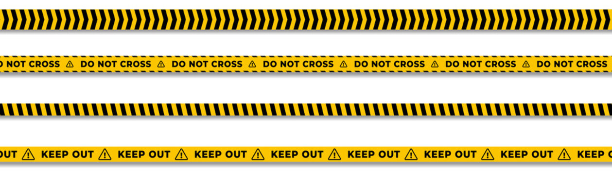 Set of black and yellow caution tape strips with repeating chevron patterns and warning text on a transparent background.