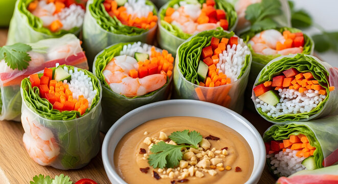 Spring rolls filled with fresh shrimp and crisp vegetables are served with a savory peanut sauce.