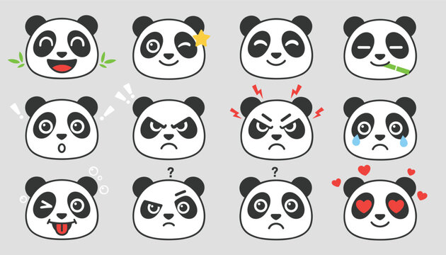 Cute panda faces set showing various emotions and expressions, including happiness, anger, sadness, love, and confusion.