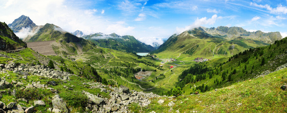 Wonderful panorama view of the Tirol Mountains with Alpine dams: Speicher Finstertal on the left and Speicher L&auml;ngental on the right in Kuhtai in Tirol, Austria