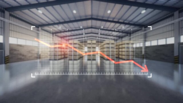 3D warehouse interior with inventory shelves, declining market chart overlay, industrial distribution center, economic downturn, inventory reduction, business risk, demand decline.