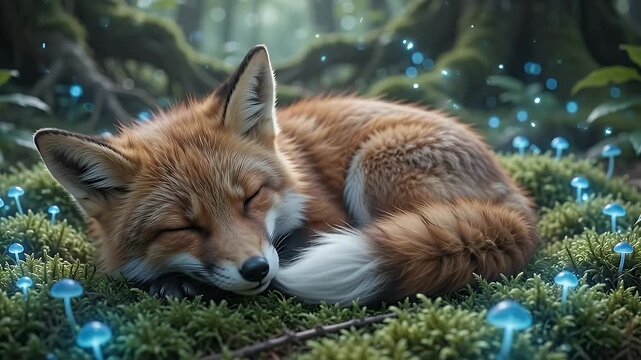 Enchanting fox sleeping peacefully amidst glowing blue mushrooms in a magical forest at twilight