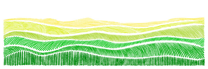 Naklejka premium Agricultural field landscape with green grass texture. Vector hand drawn color illustration perfect for farm and village poster, featuring soft geometric line and abstract tuscany pattern. Scribble bg