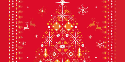 Festive christmas tree and reindeer geometric pattern on red background © Promit
