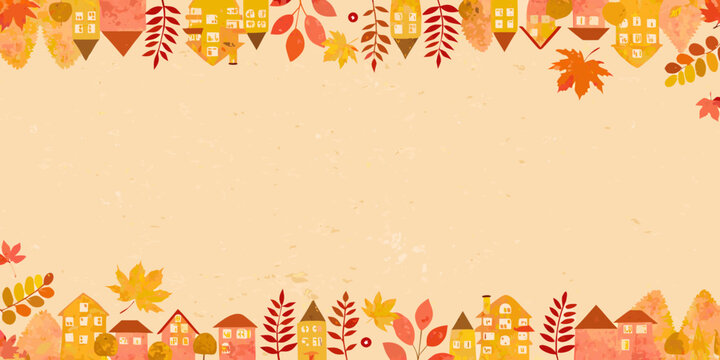 Autumn leaf and house pattern with a textured watercolor background