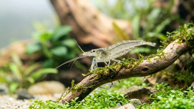 amano shrimp underwater in clear water at morning light in freshwater aquarium japan video