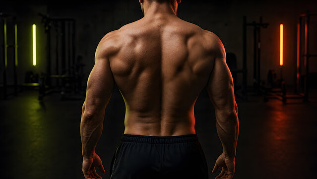 Muscular male back in dark neon-lit gym